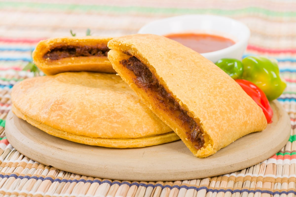 Caribbean jerk beef patty with flaky golden pastry